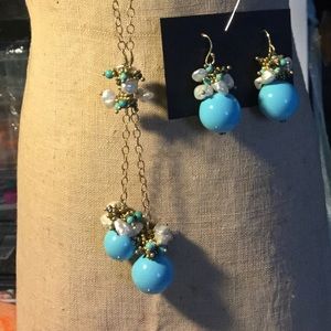 Turquoise with fresh water pearls designer pendant and earring set handmade SS